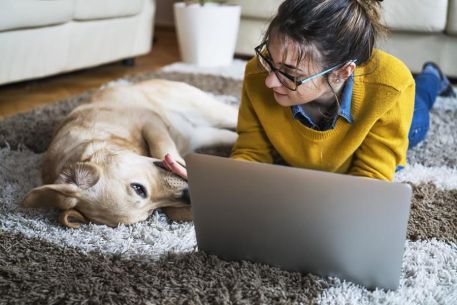 A woman is laying on the floor in her house, working on a computer while playing with her pet dog.
