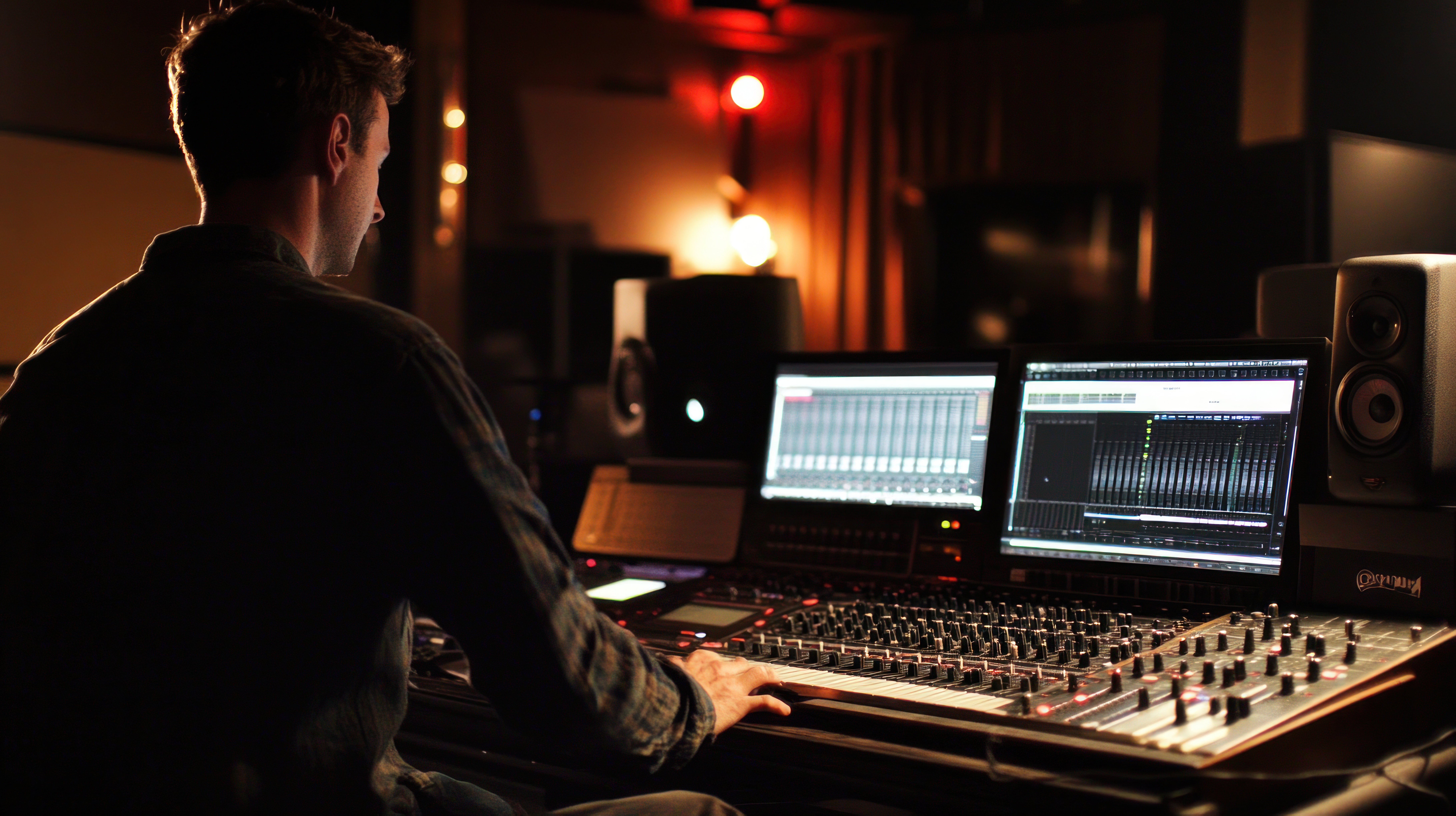 A sound technician works a soundboard in a low-light setting.