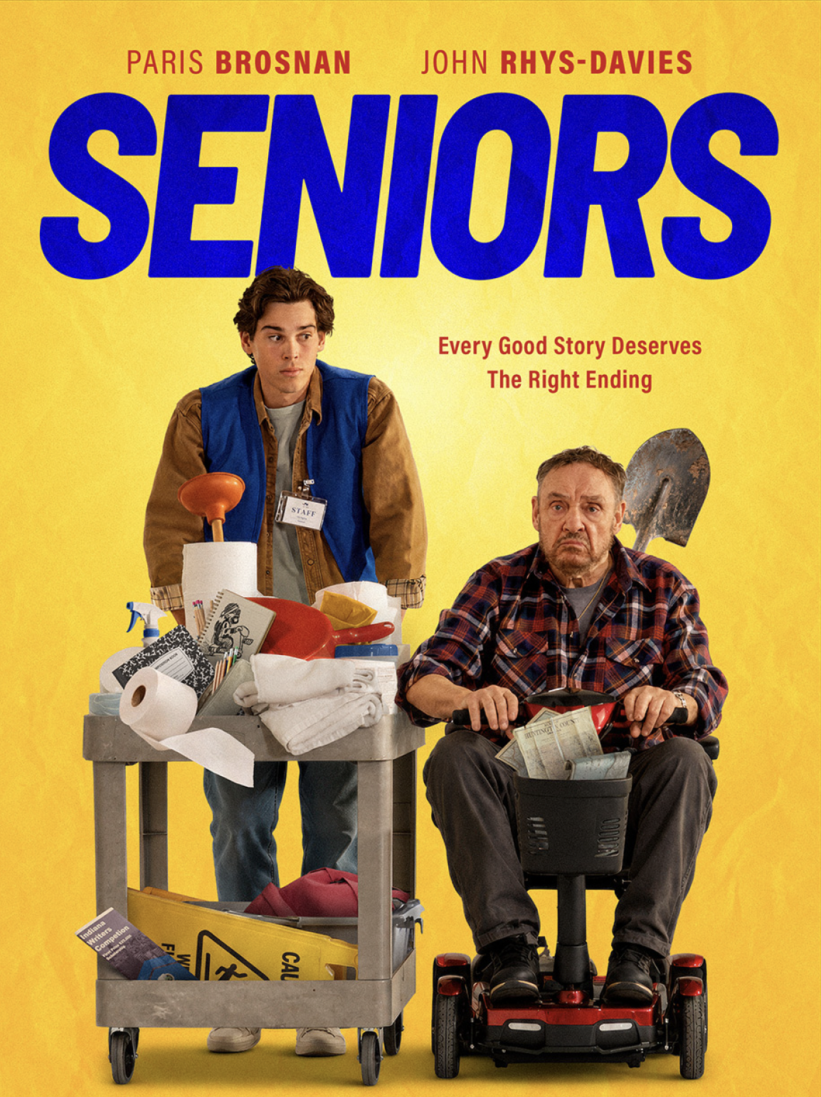 Seniors movie poster: a teenager in a work vest holding cleaning supplies stands beside an older man with a shovel. Tagline: Every Good Story Deserves The Right Ending.